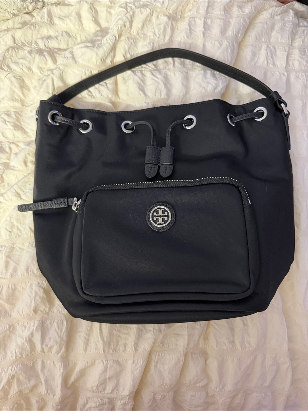 Tory Burch Black Nylon Drawstring Shoulder Bag